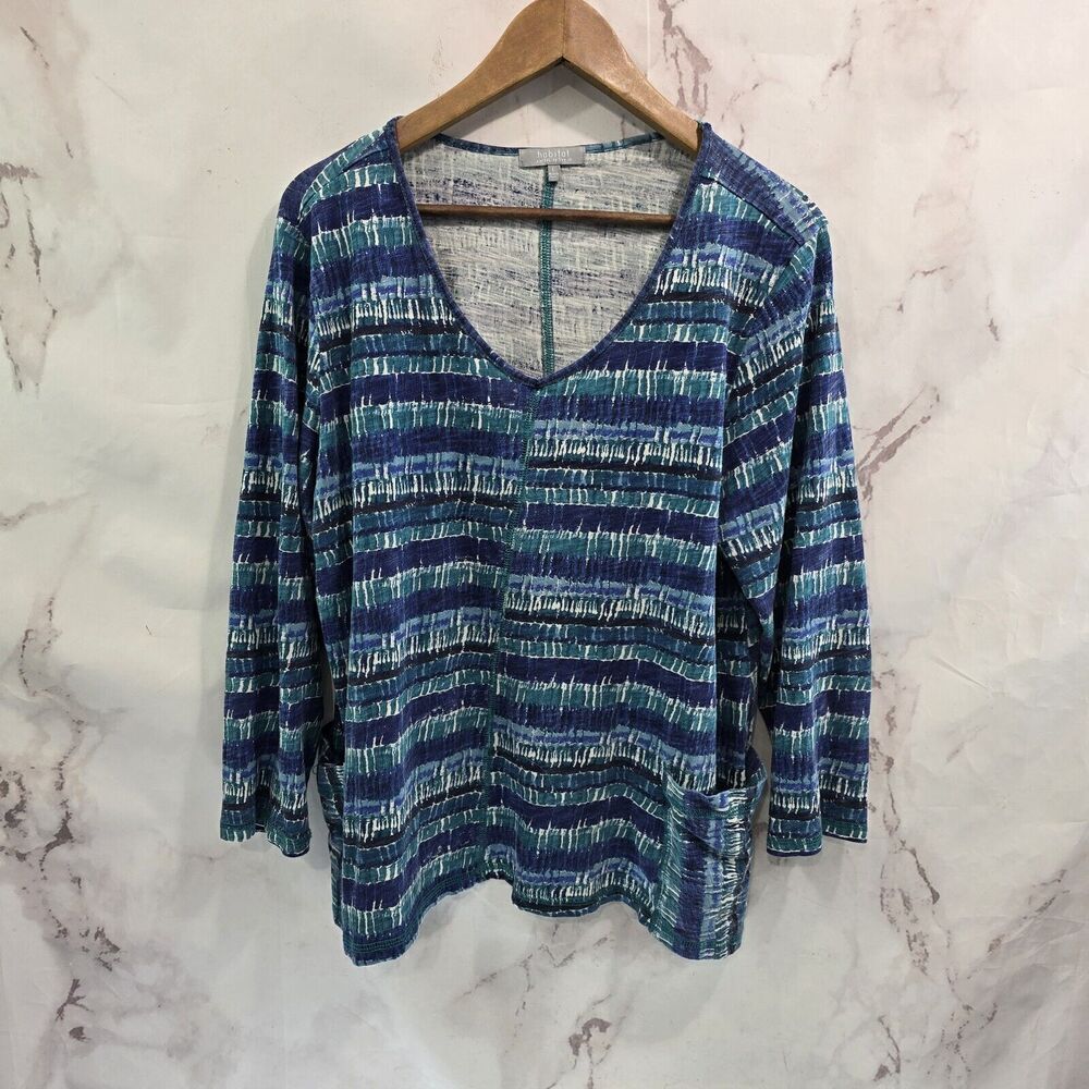 Habitat Shirt Womens Large Blue T Tee V Neck Pockets Artsy Art Mosaic Abstract